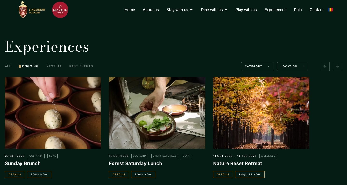 The Experiences page on the new site: category and location filters, cards for Sunday Brunch, Forest Saturday Lunch and Nature Reset Retreat, with date, tags and booking buttons