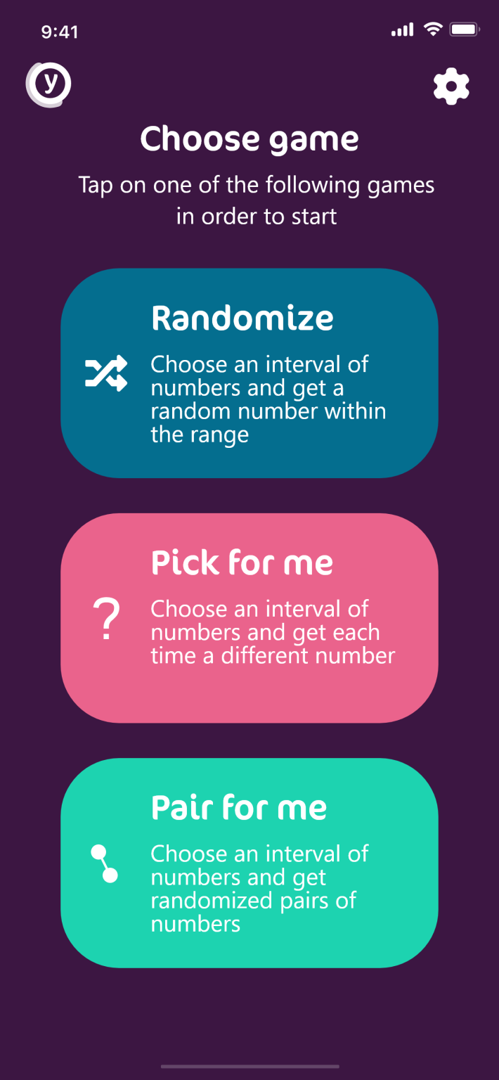 The game selection screen: Randomize, Pick for me, Pair for me