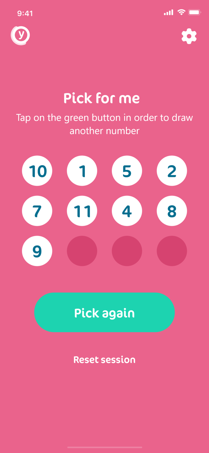 Pick for me: numbers drawn one at a time, with three slots still empty