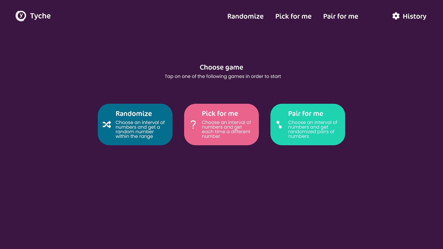 The web version: game selection, with the menu along the top