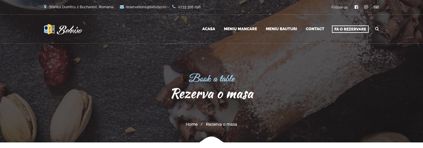 The Belviso website header, from the archive: the logo, the menu, the “Book a table” button and the “Rezervă o masă” title over a dessert photograph