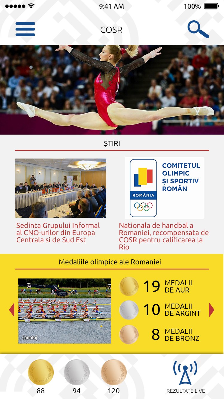 The COSR app’s home screen: a photo of a gymnast, the day’s news and Romania’s Olympic medals, with the gold, silver and bronze counter