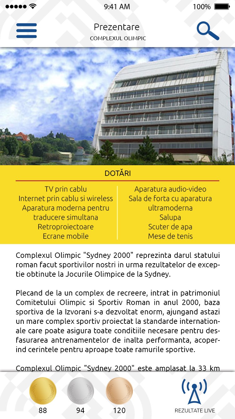 The page of the “Sydney 2000” Olympic Complex at Izvorani, with photo, facilities and presentation