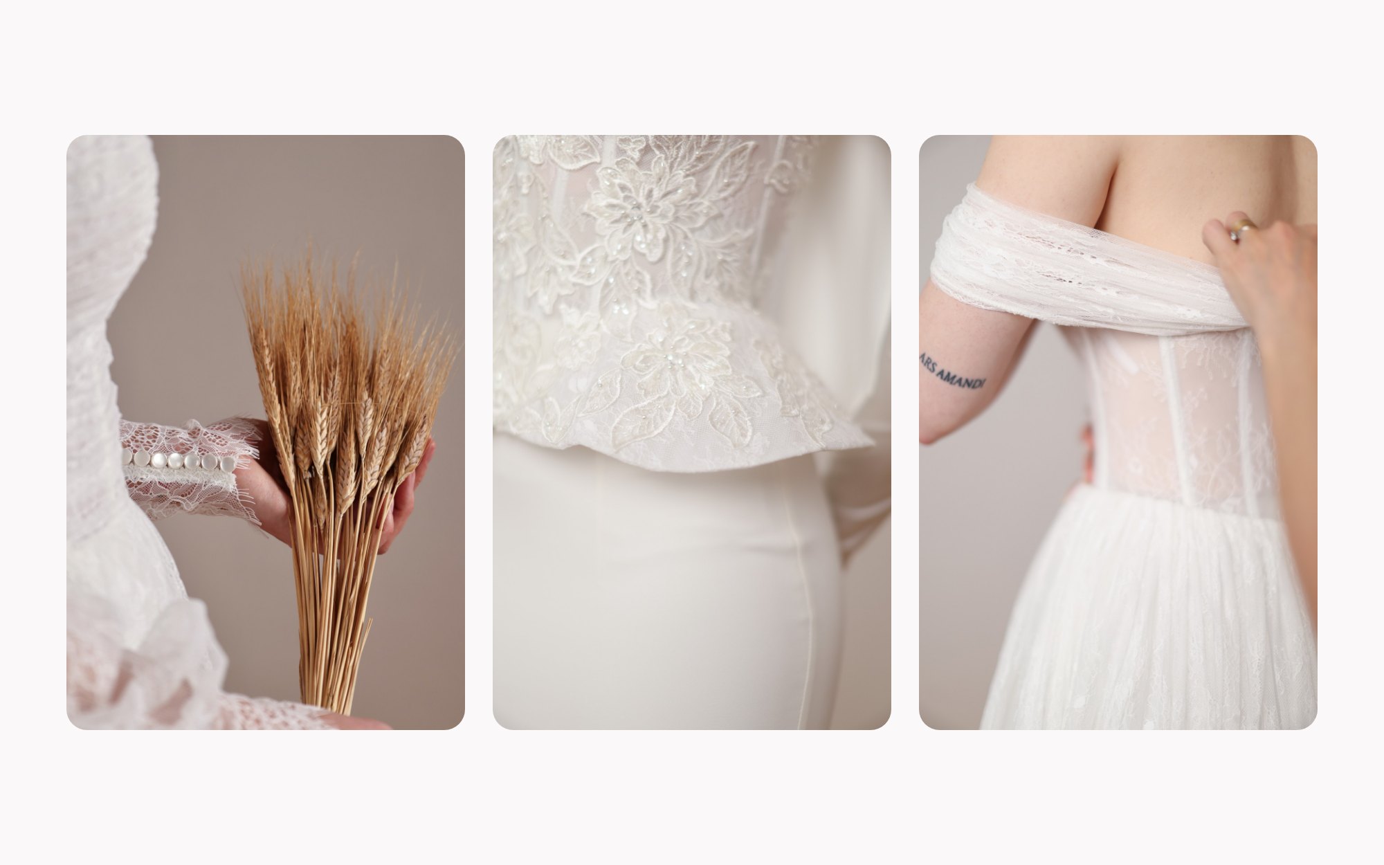 Details from the Jedan Couture bridal collection: a lace sleeve holding a sheaf of wheat, the embroidered bodice, draped shoulders