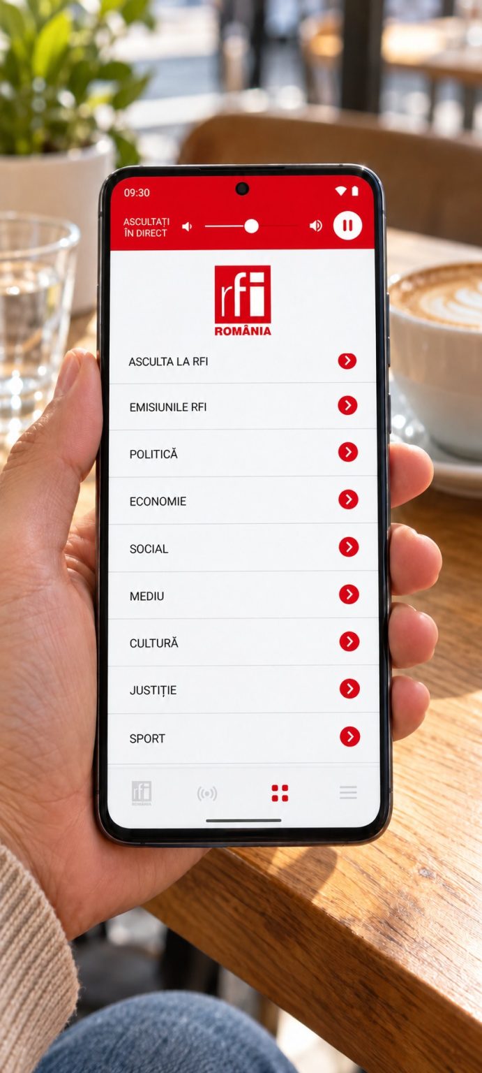 Lista categoriilor, sub playerul radio, pe un telefon ținut în mână