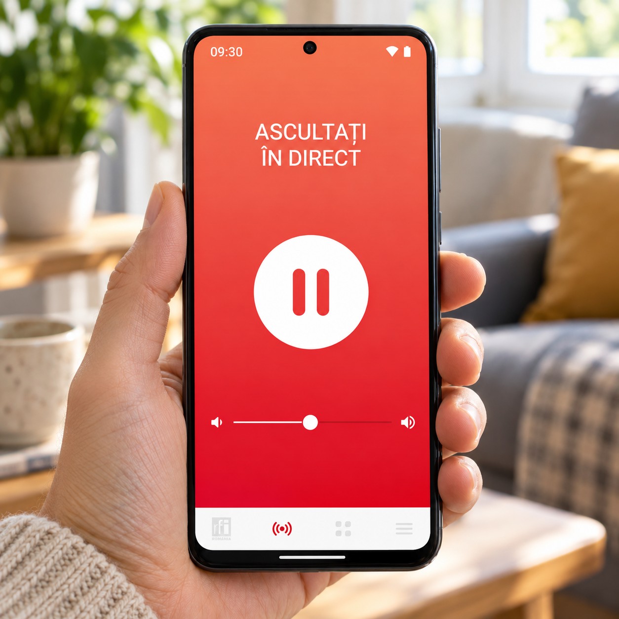 Mână care ține un telefon Android cu aplicația RFI România, pe ecranul „Ascultați în direct”, cu radioul pornit